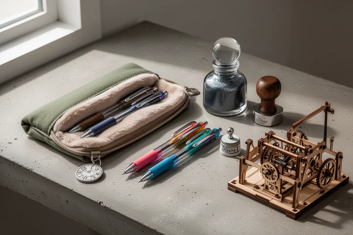 Rozłożone na biurku etui na długopis, długopis wieloodatkowy, datownik, buteleczka tuszu i drewniane puzzle