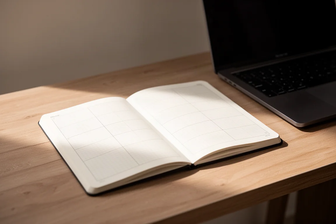 Taccuino orizzontale aperto con griglia grigio chiaro accanto a un laptop