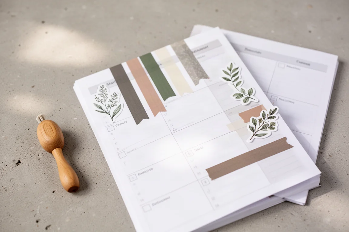 Rotoli di washi tape e adesivi disposti su una pagina di planner