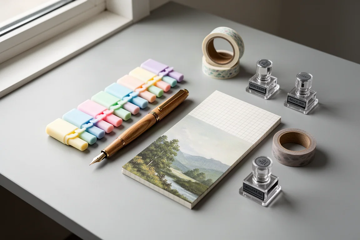 Flat-lay of highlighters, fountain pen, notebook, washi tape and stamps on a grey desk