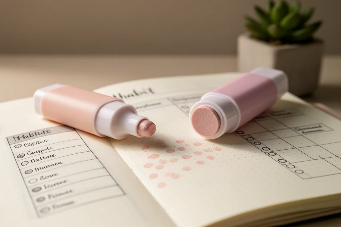 Pastelkleurige textmarker kleurt een habit tracker-pagina in een open planner