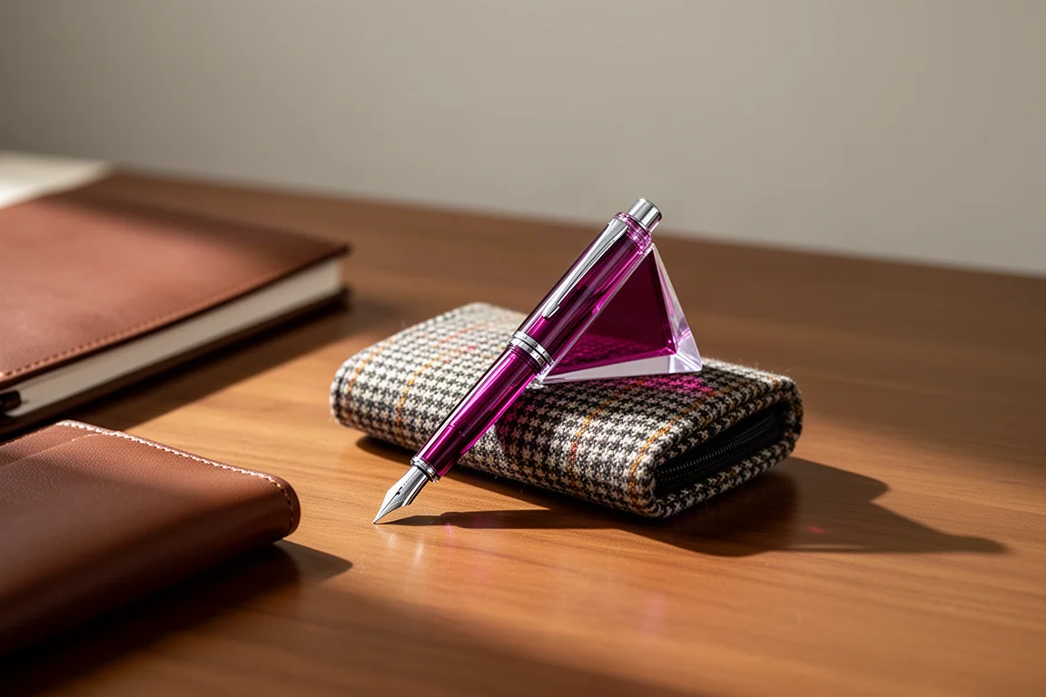 Vulpen en pen etui van tweed op een houten bureau