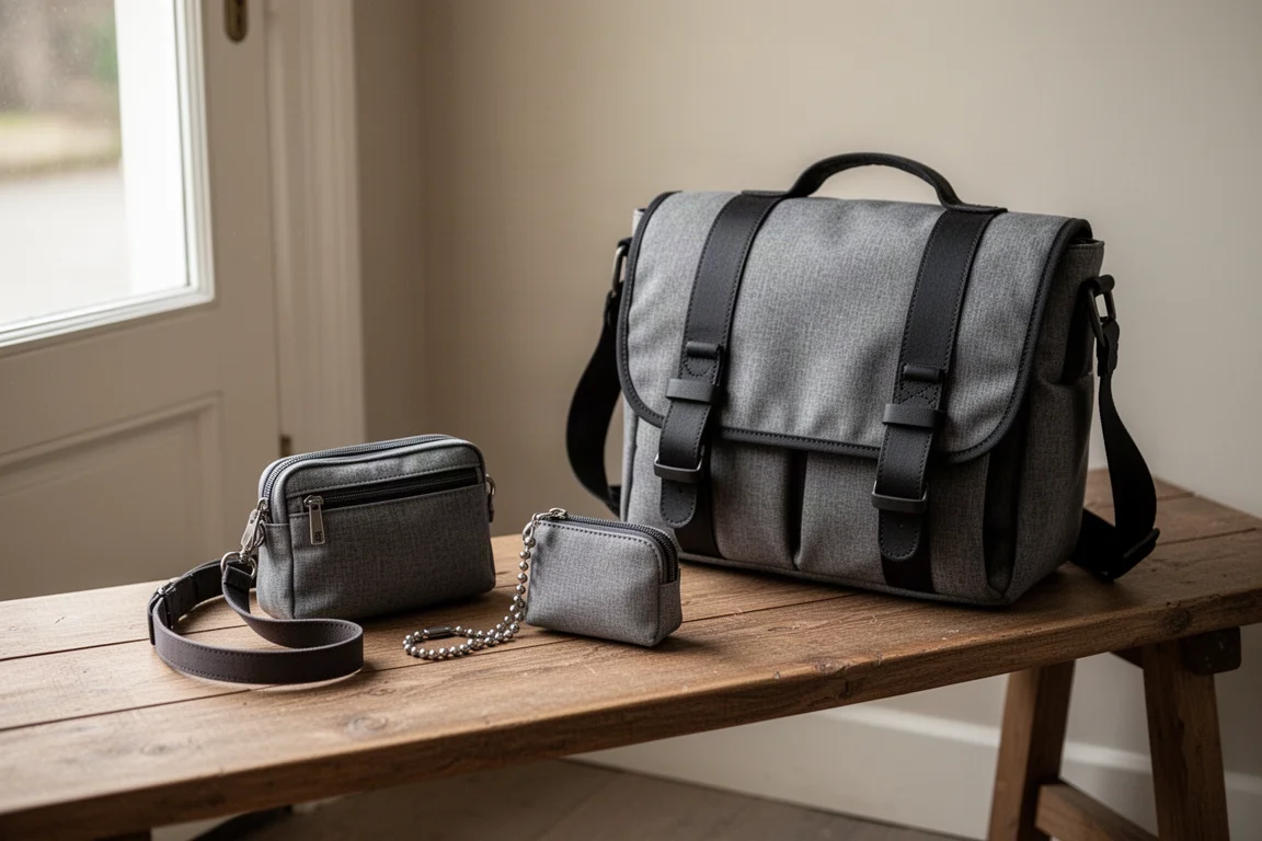Kompaktowe etui i torba messenger ułożone na ławce