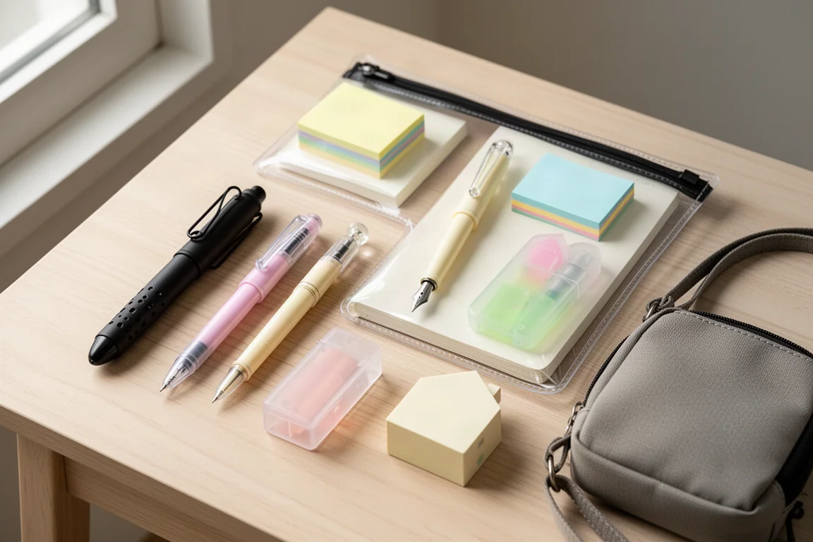 Flat-lay of gel pens, a fountain pen, notebooks, sticky notes, a pen case, and a pouch on a desk