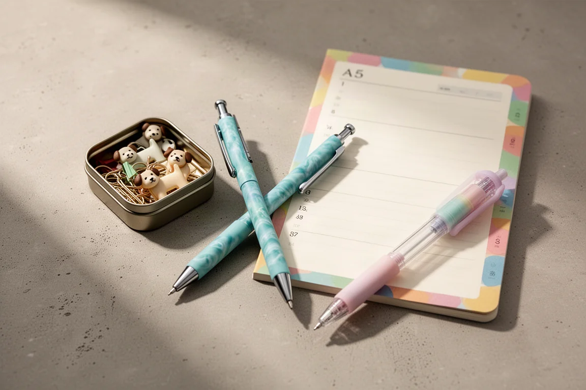 A curated arrangement of fountain pens, a gel pen, a glass pen, an ink bottle, and a notebook on a grey surface