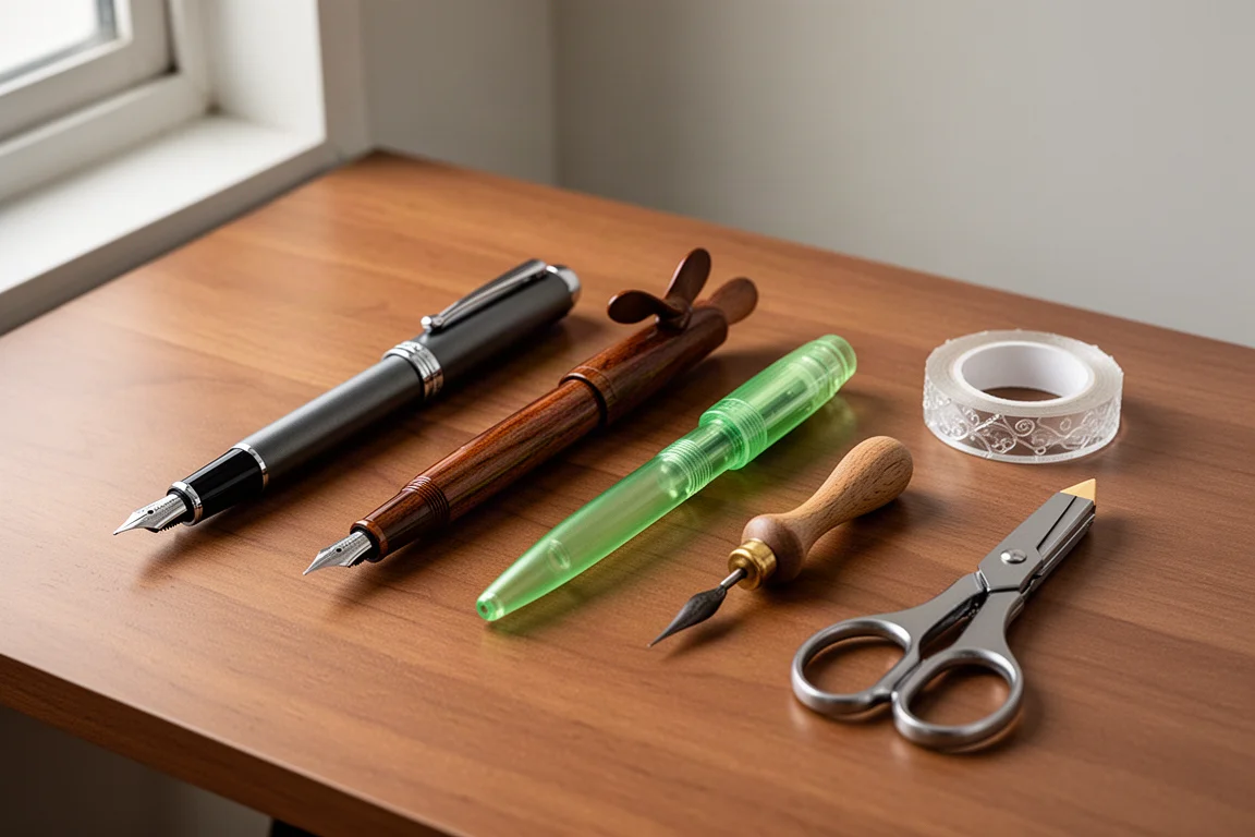 Flat-lay of fountain pens, clear tape, and portable scissors on a wooden desk