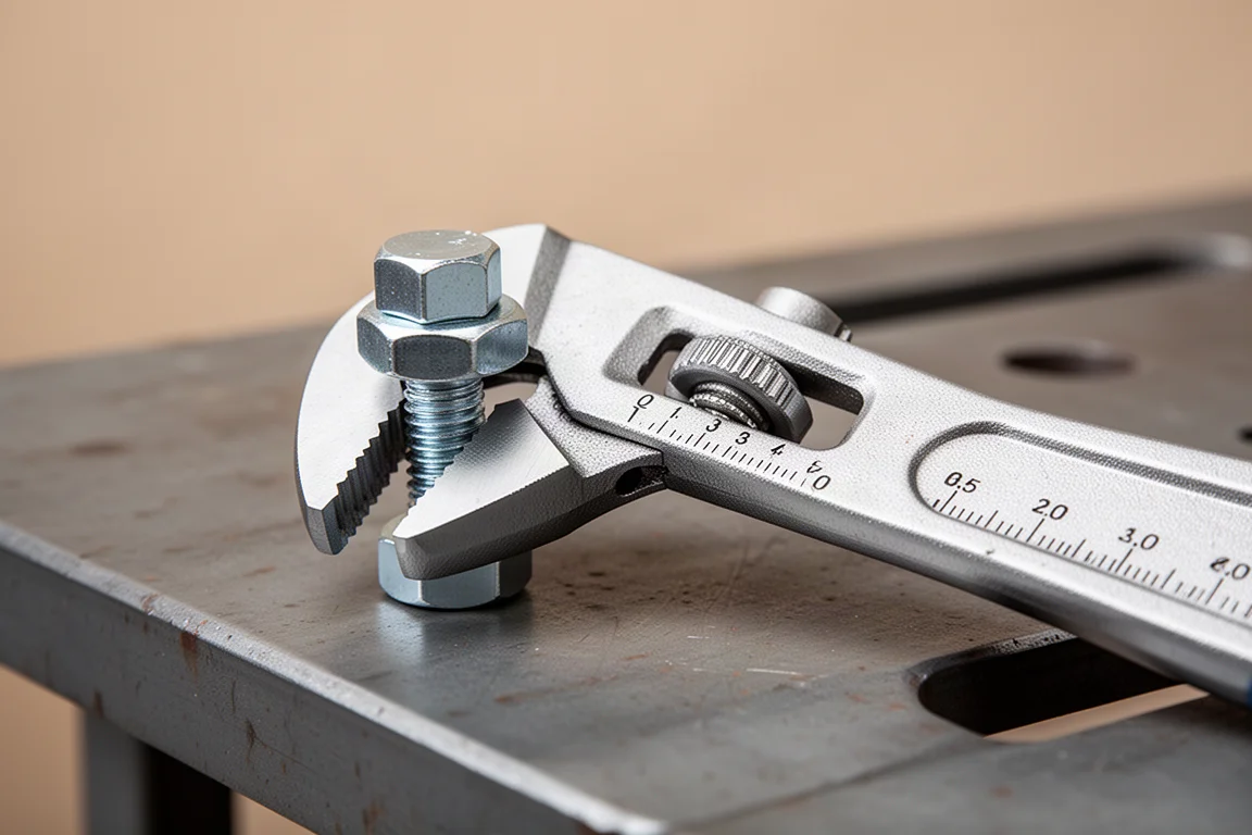 Plier wrench gripping a bolt head on a steel workbench under soft light