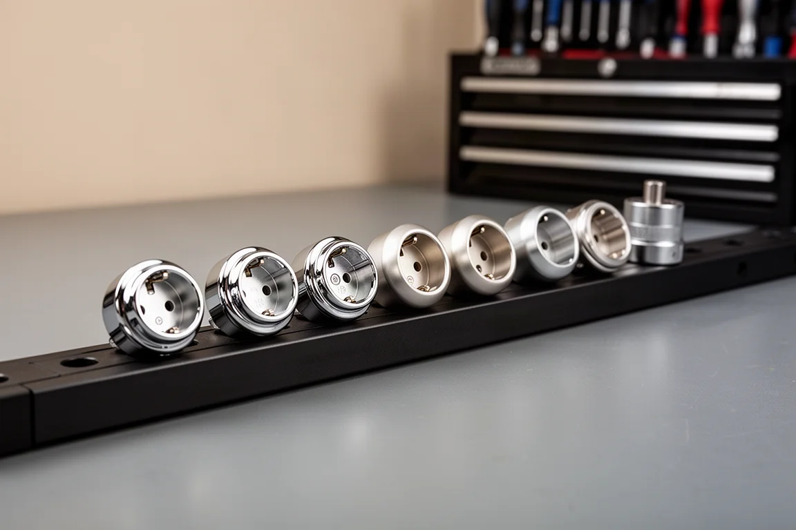 Row of chrome sockets arranged on a magnetic socket rail over a workbench