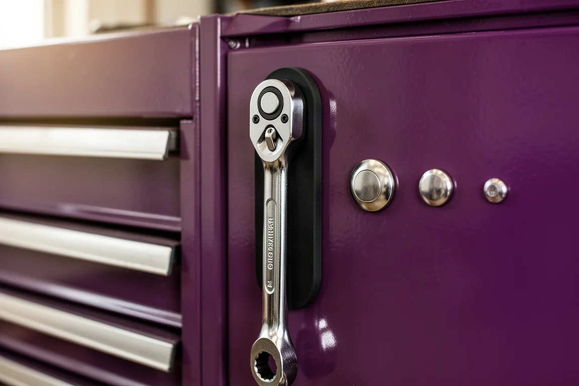 Silicone magnetic strip on a steel tool chest holding a heavy ratchet in place