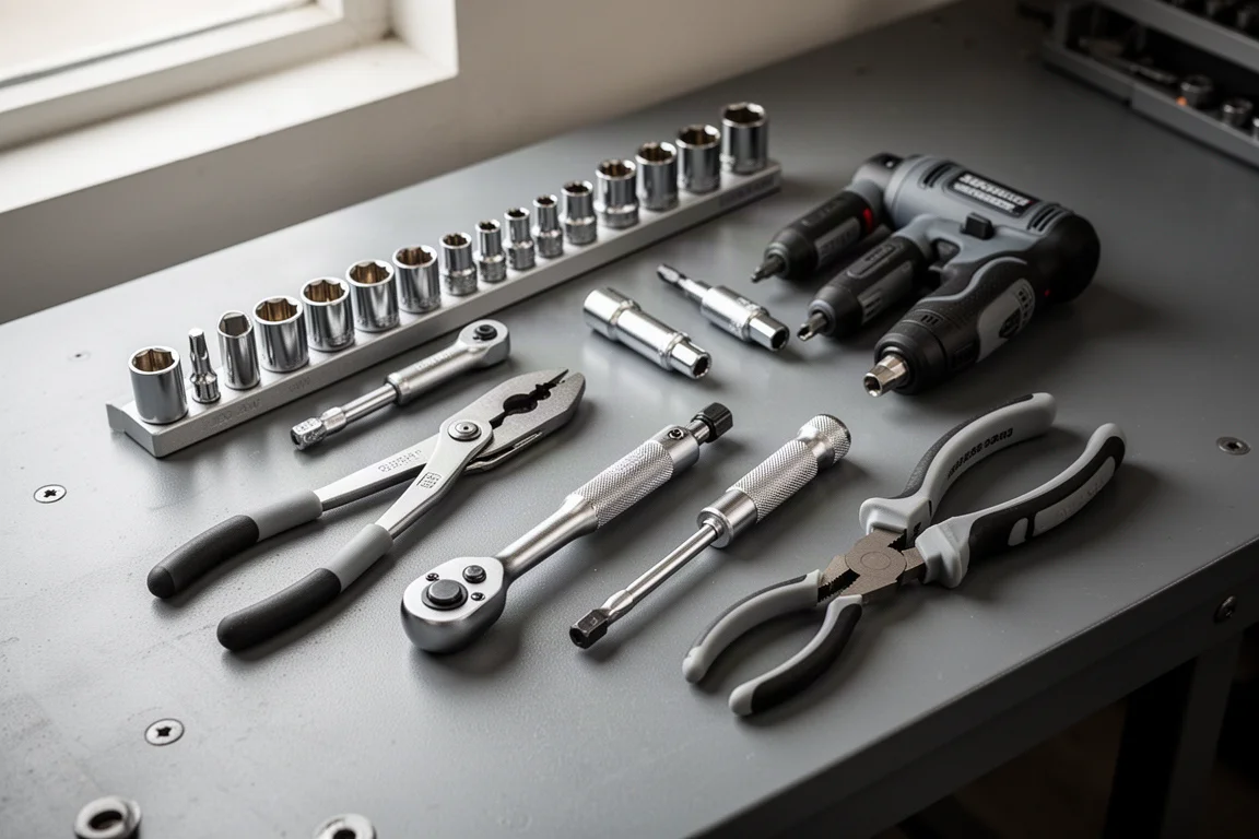 Assortment of hand tools including pliers, sockets, screwdrivers and a ratchet on a grey bench