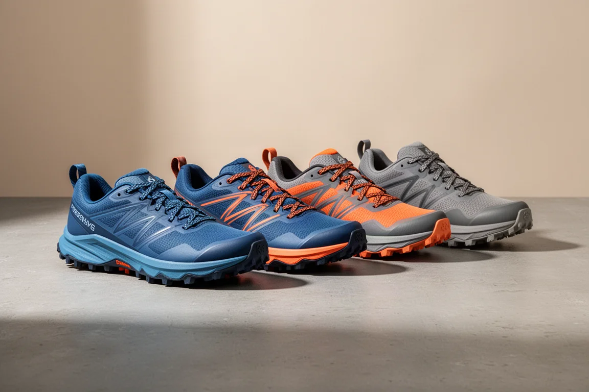 Six trail running shoes with aggressive lugs arranged on a concrete surface