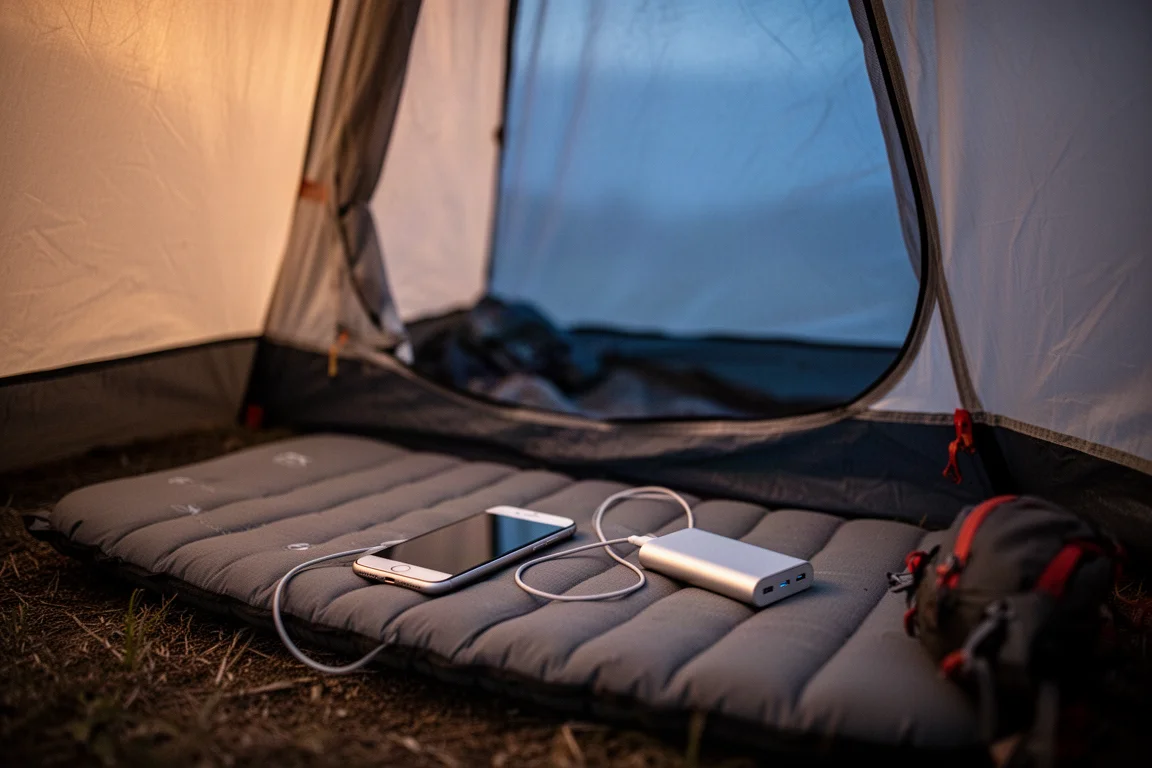 Smartphone carregando a partir de um power bank fino dentro de uma barraca pequena ao anoitecer