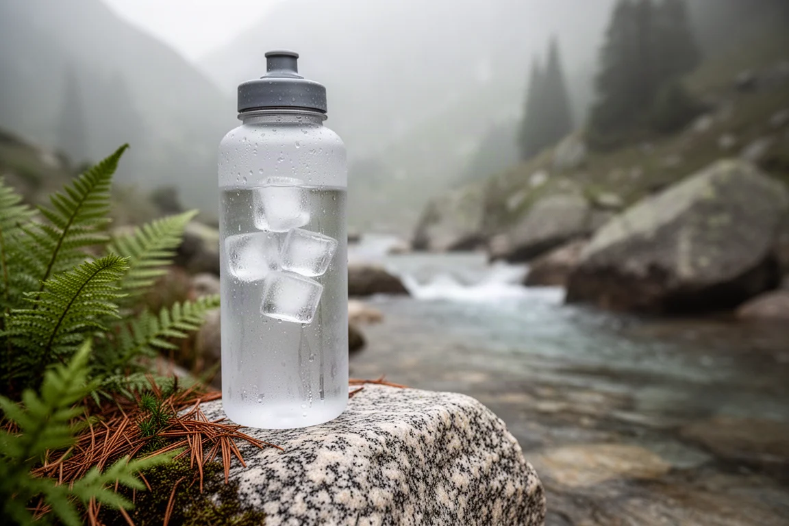 Garrafa de água translúcida com cubos de gelo sobre uma pedra ao lado de um riacho na montanha