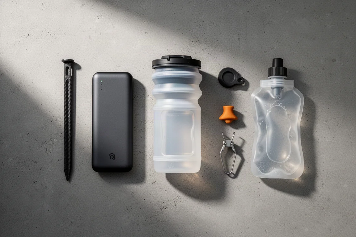 Flat-lay of six ultralight backpacking items on a grey concrete surface