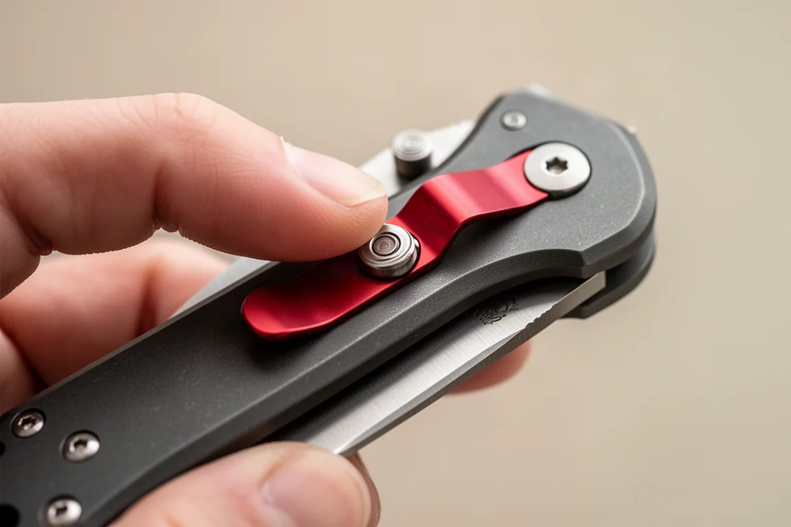 Pulgar accionando el cierre de botón de una cuchilla multiusos plegable
