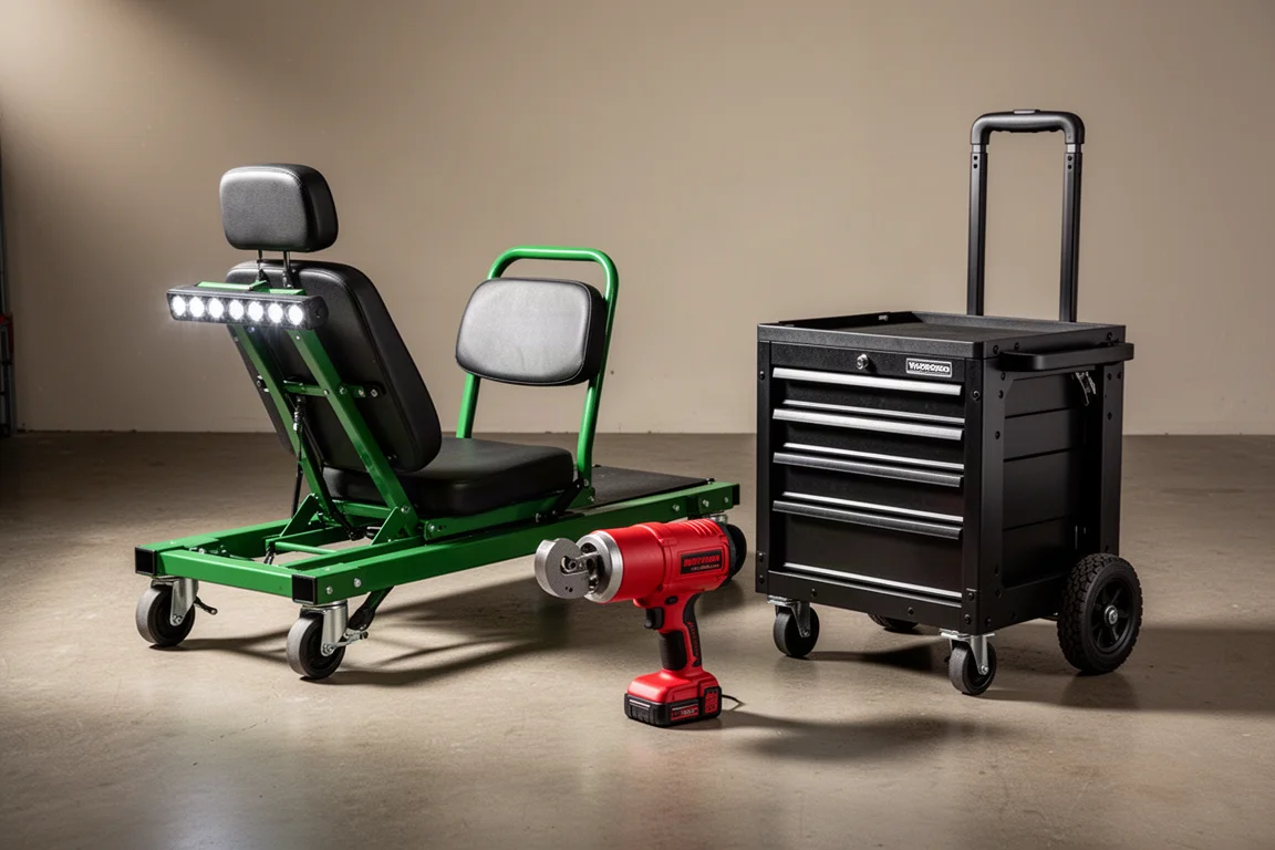 Ryobi creeper seat, Milwaukee pipe cutter, and PACKOUT rolling drawer box on a concrete floor