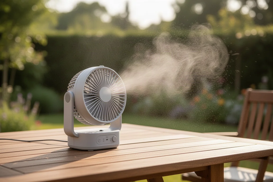 Kompakter Nebelventilator bläst an einem heißen Sommertag feinen Wassernebel über eine Terrasse