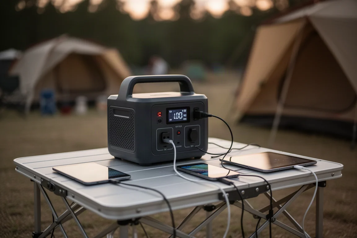 Tragbare Powerstation lädt auf einem Campingtisch Smartphones und Tablets