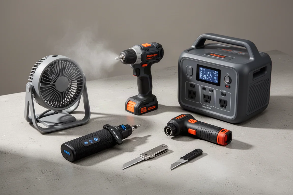 A collection of compact workshop and outdoor tools arranged on a concrete surface