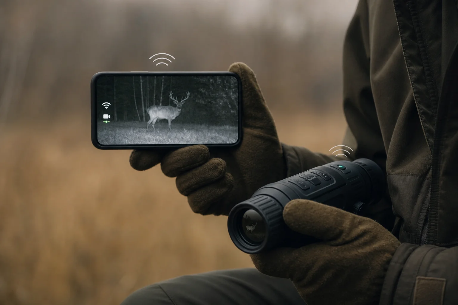 Jäger prüft Aufnahmen auf einem Smartphone, das mit einem Nachtsicht-Zielfernrohr verbunden ist