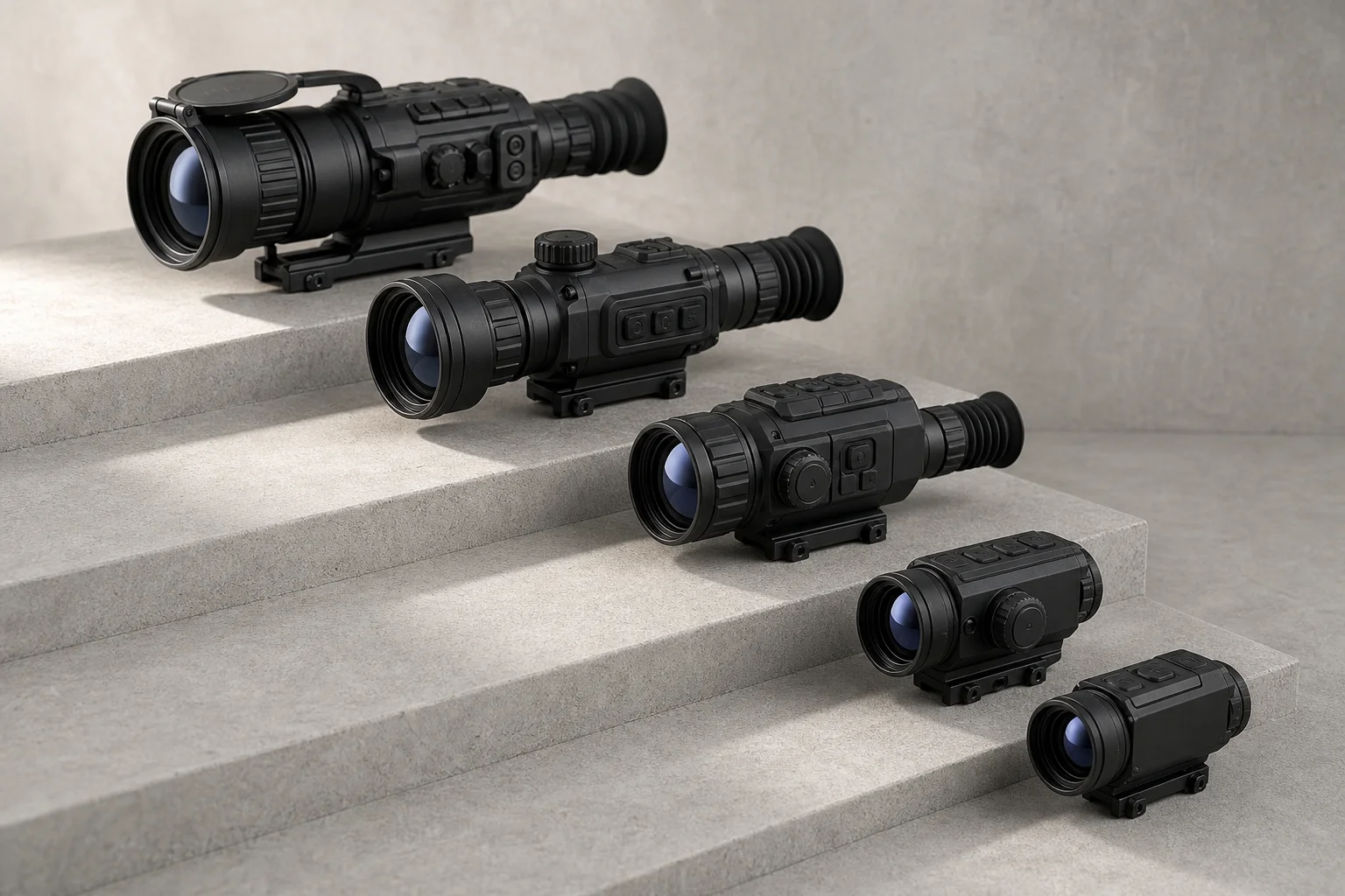 Five digital night vision rifle scopes arranged on concrete surface