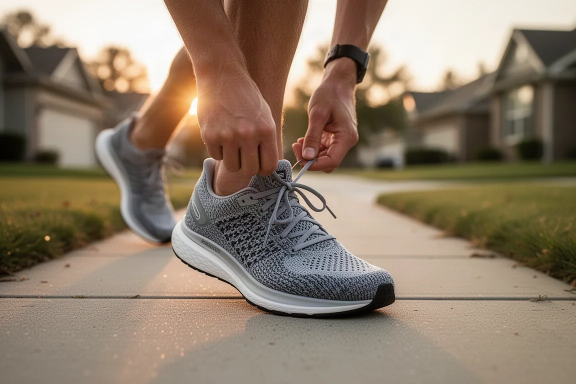 早朝のトレーニングラン前にランニングシューズの紐を結ぶランナー