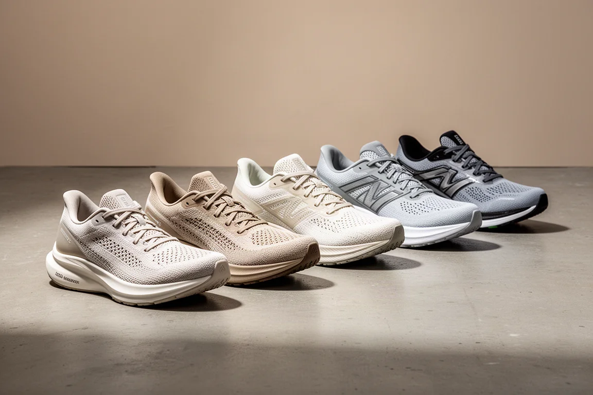 Lineup of seven Nike marathon training shoes on a concrete surface