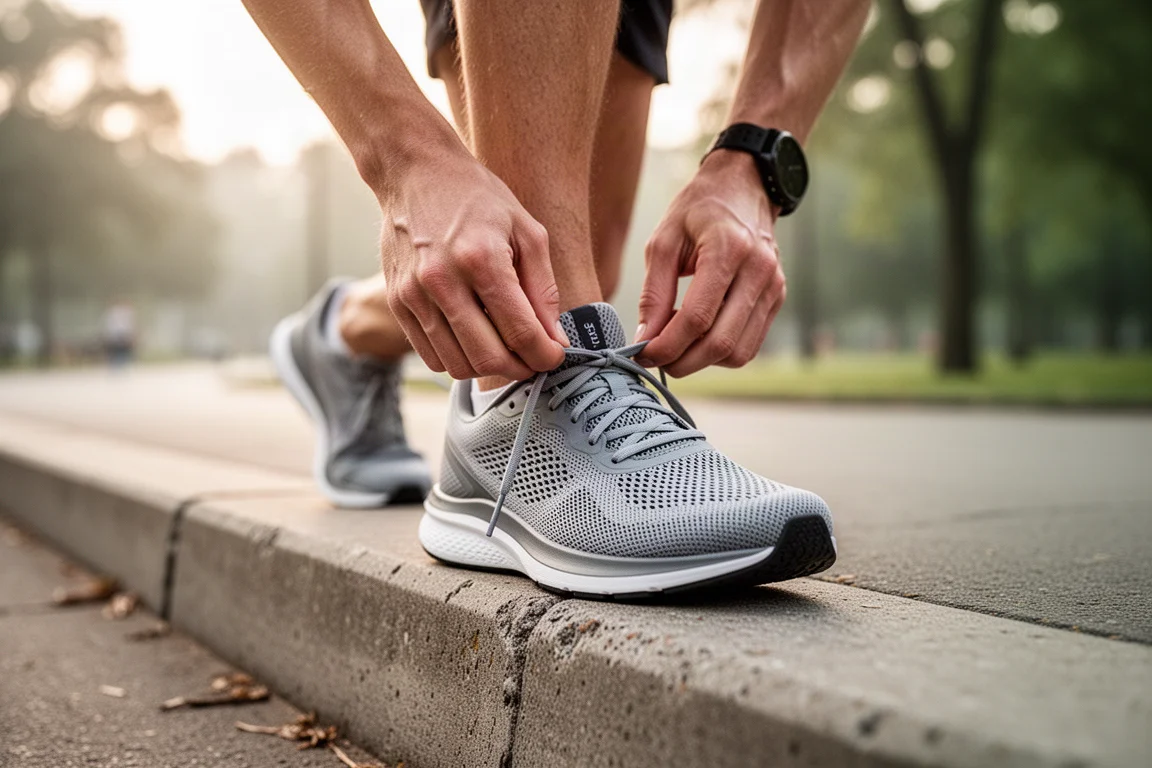 Runner lacing up a versatile daily trainer on a city pavement in early morning light