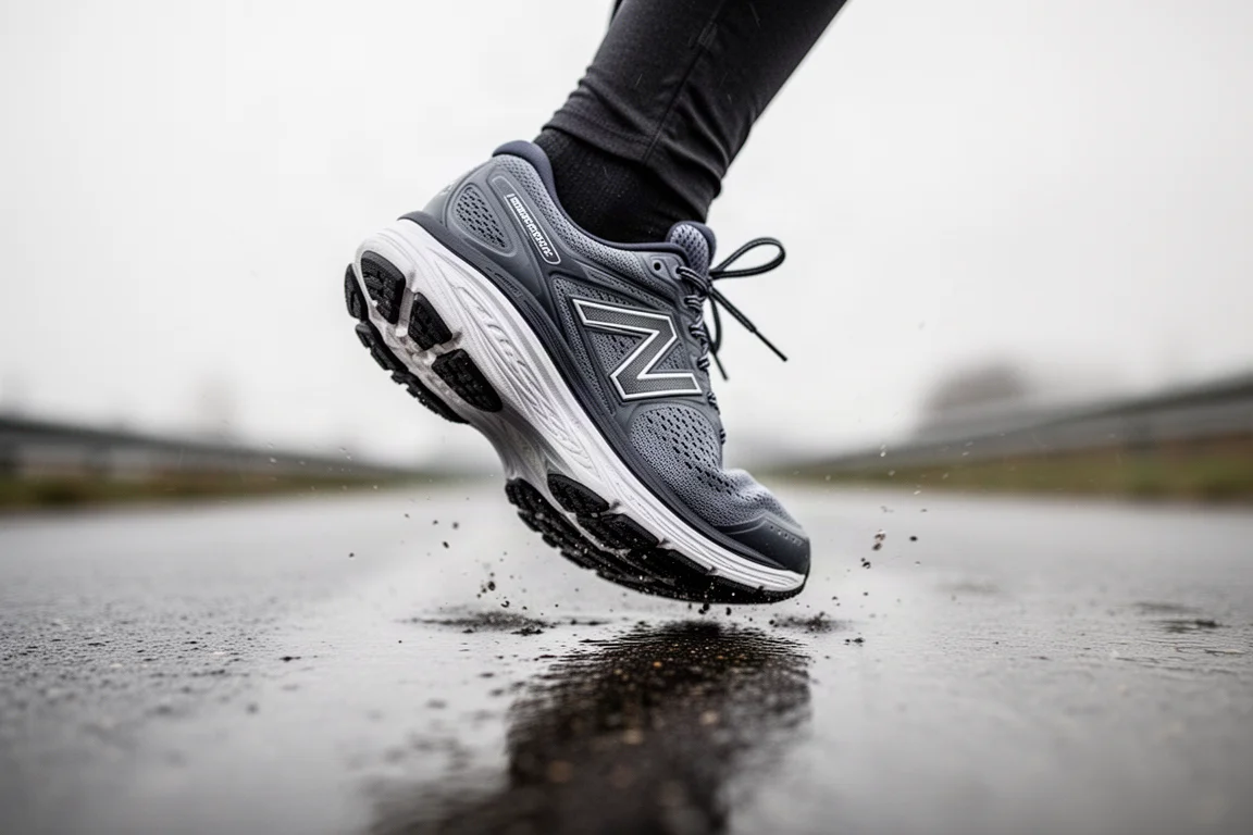 Thick-soled cushioned running shoe mid-stride on smooth tarmac