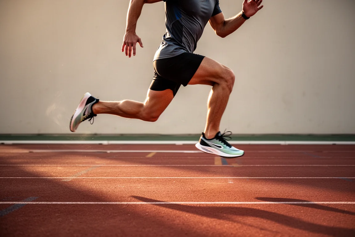 Athlete running fast track intervals in lightweight racing shoes
