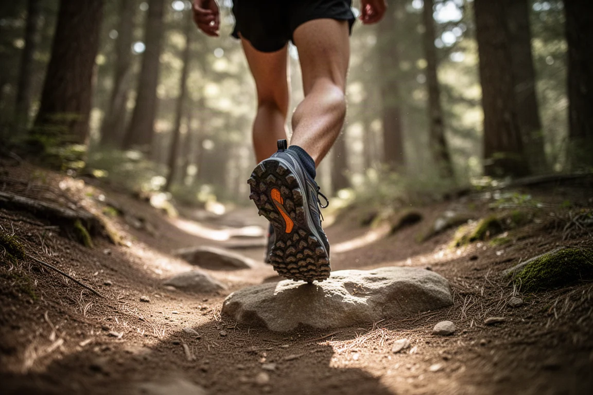 Trail runner crossing a rocky dirt path in a forest
