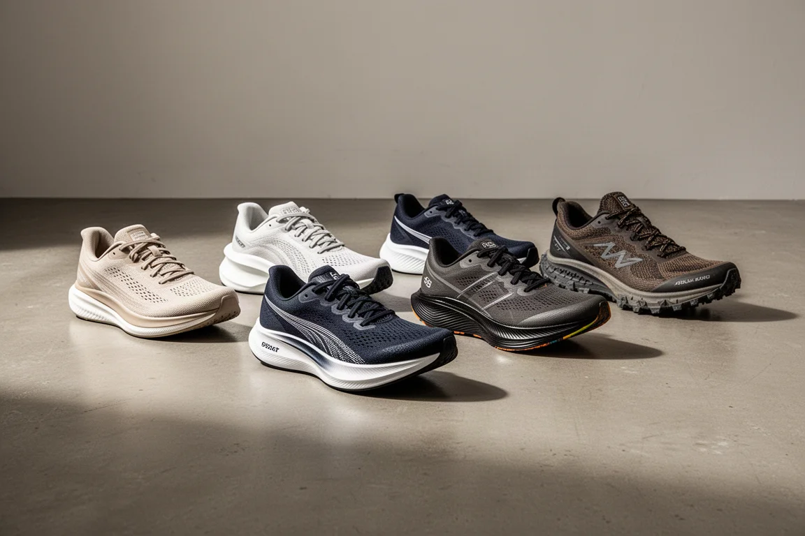 Lineup of modern Nike running shoes on a concrete studio floor