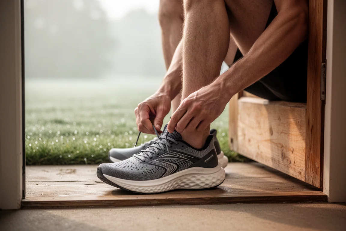 Läufer schnürt einen modernen Nike-Laufschuh auf einer Haustürschwelle im Morgenlicht