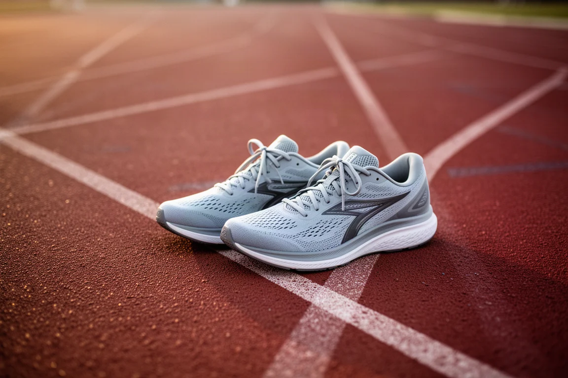 Laufschuhe stehen in einer Reihe am Bahnrand im Abendlicht