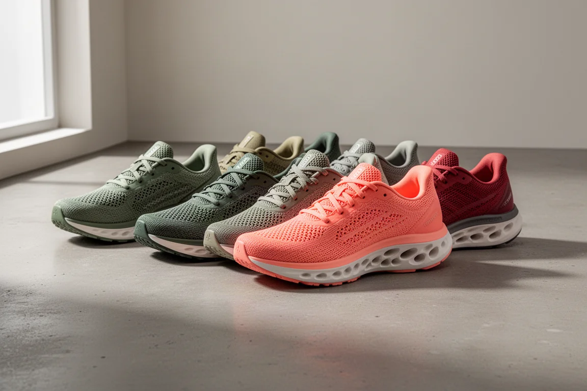 Six Nike running shoes in varied colorways arranged on a concrete surface