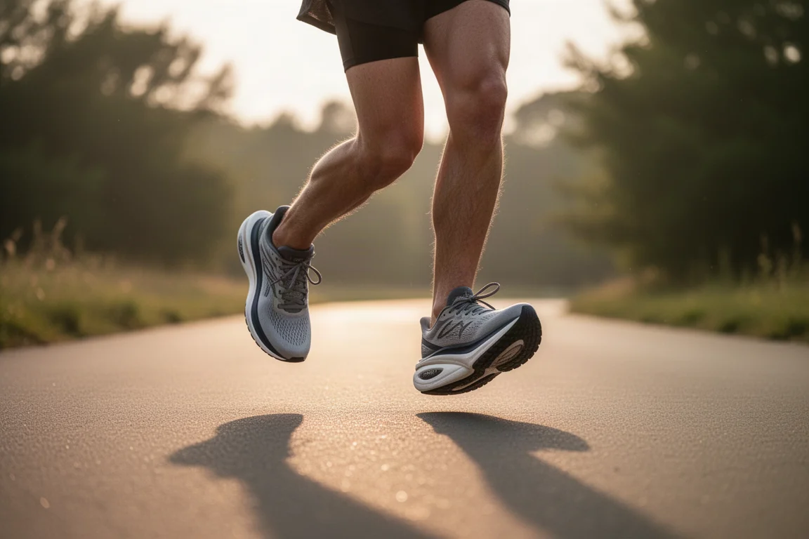 Läufer gleitet auf befestigtem Weg in stark gedämpften Laufschuhen dahin
