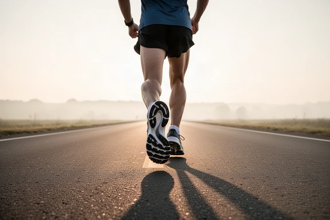 Läufer absolviert einen langen Lauf auf offener Straße bei Sonnenaufgang
