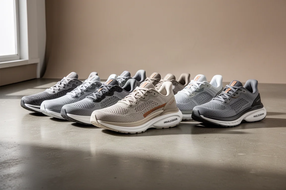 Row of eight max cushion running shoes on a concrete studio floor