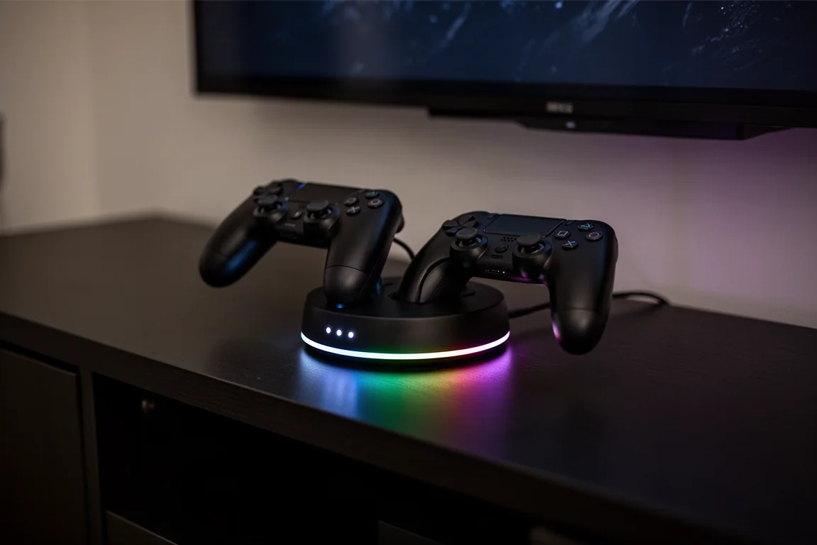 Podświetlony RGB dok ładujący z podpiętymi kontrolerami świecący w ciemnym zestawie rozrywkowym