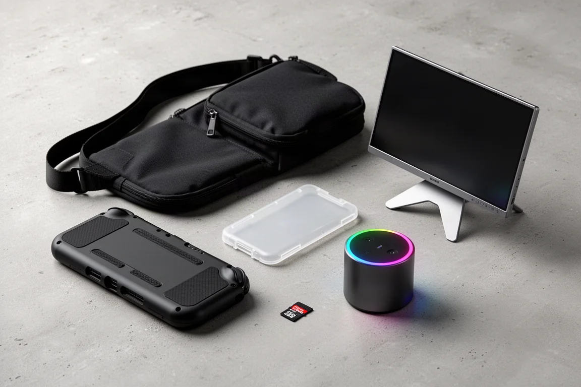 Akcesoria do Switch 2, w tym etui, torba na ramię, monitor przenośny, dok ładujący i karta pamięci ułożone na betonie