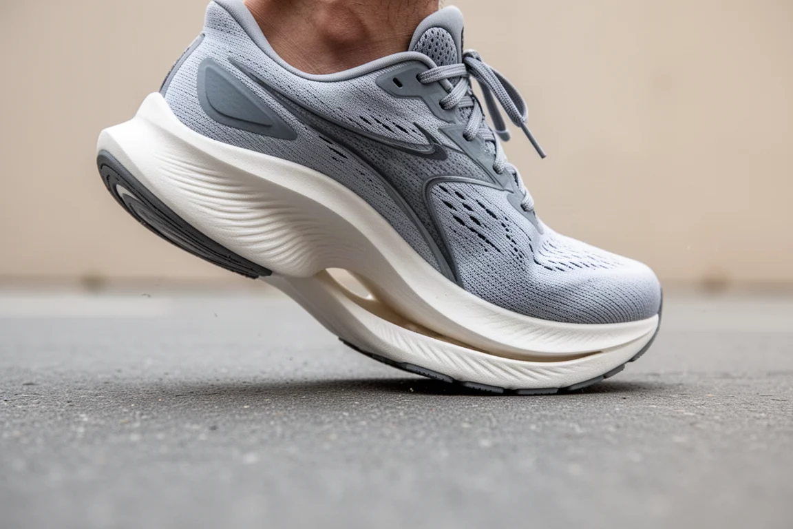 Nahaufnahme einer flexiblen Laufschuh-Mittelsohle, die sich beim Abstoßen auf Asphalt verbiegt