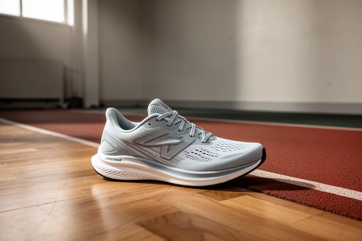 Leichter Wettkampfschuh auf einem hölzernen Fitnessstudio-Boden neben einer Laufbahn