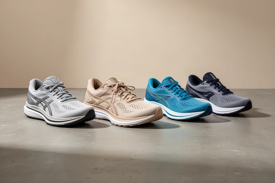 Five different running shoes arranged in a row on a concrete surface