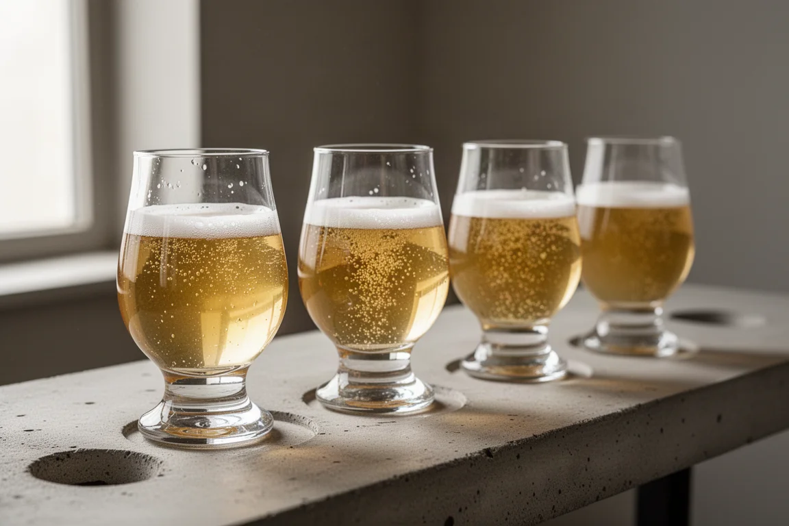 Fünf Verkostungsgläser mit blassgoldenem Bier in einer Reihe auf einem Verkostungstisch