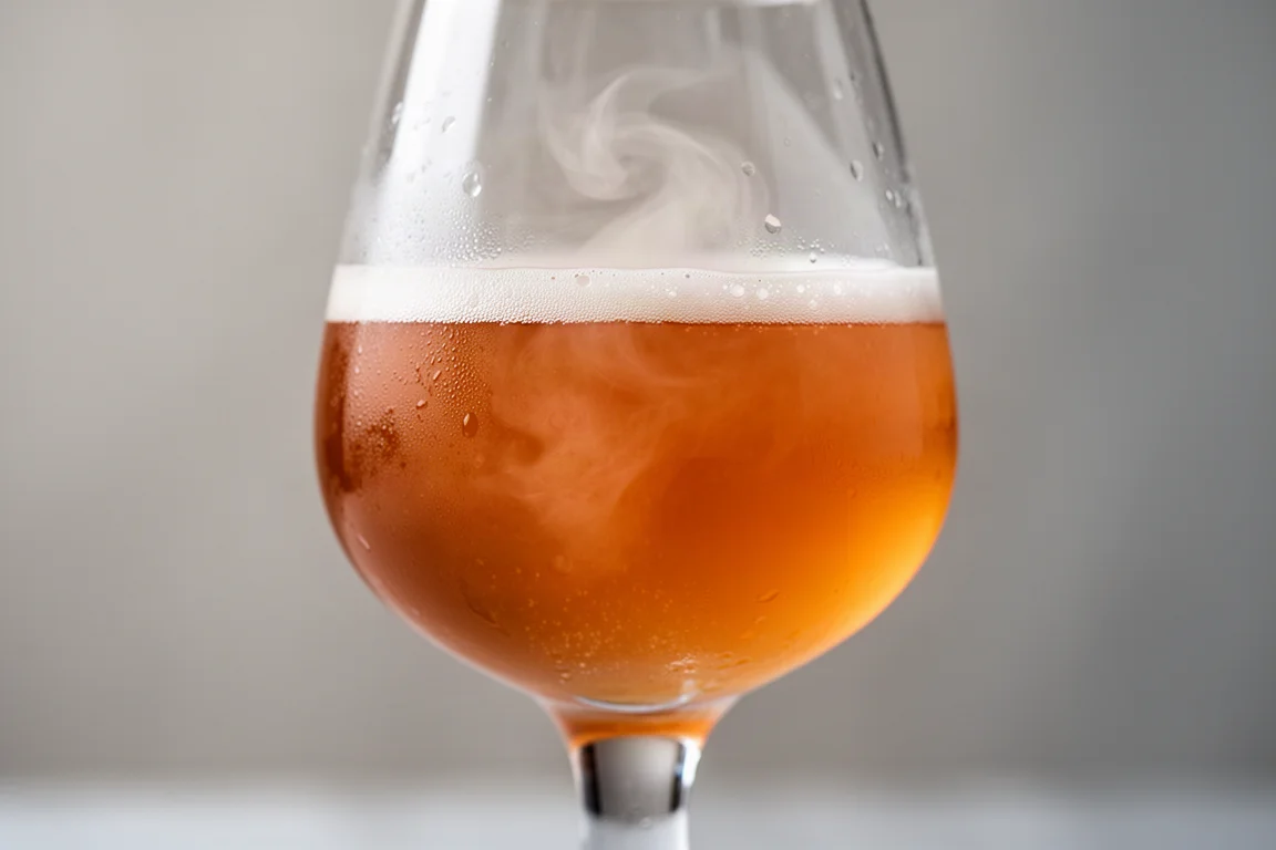 Nahaufnahme eines hopfenbetonten IPAs, das wirbelnd in einem Verkostungsglas mit Stiel rotiert
