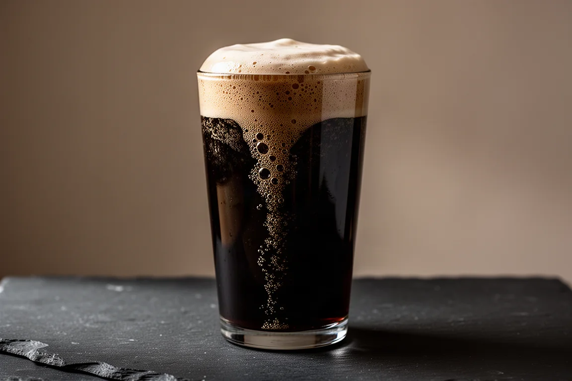 Dunkler Stout mit cremiger Stickstoffkrone, eingeschenkt in ein Glas