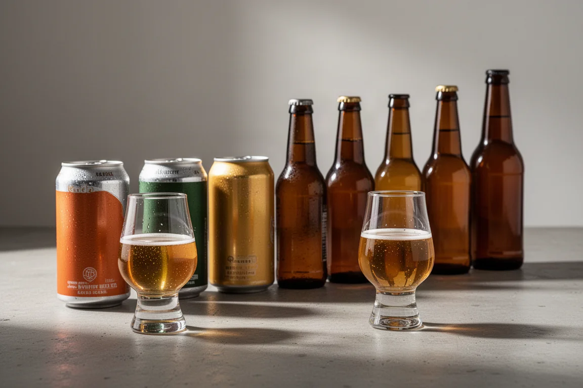 Lineup of assorted non-alcoholic beer cans and bottles on a concrete surface