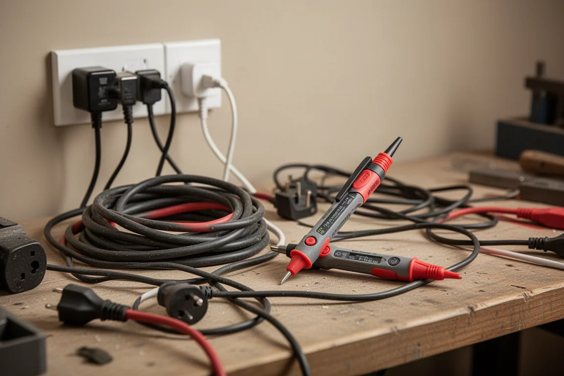 工作間桌面上有充電器、延長線,以及一支正在檢測的電壓測試筆