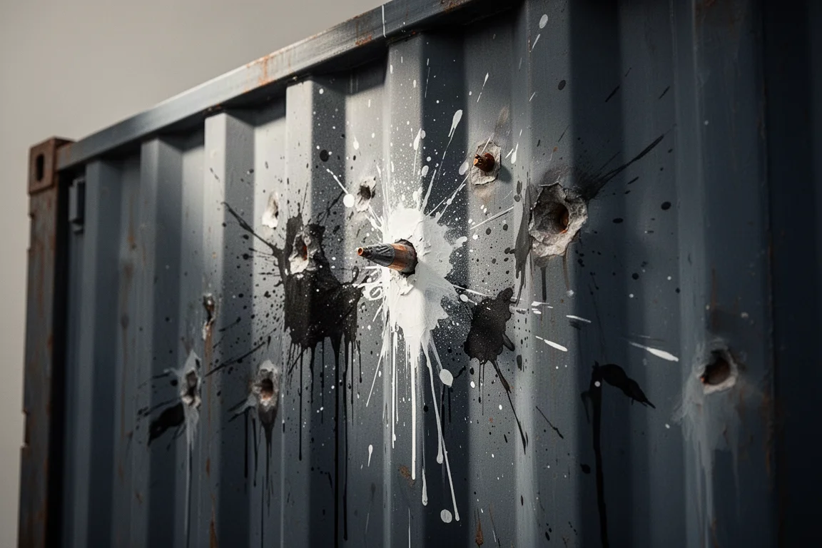 Marcas de impacto de paintball e amassados em um contêiner de metal