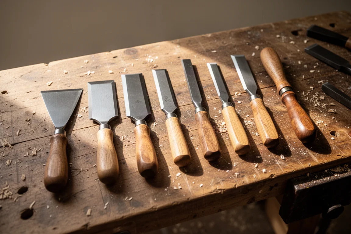 Assortiment de ciseaux racloirs disposés sur un établi d'atelier usé
